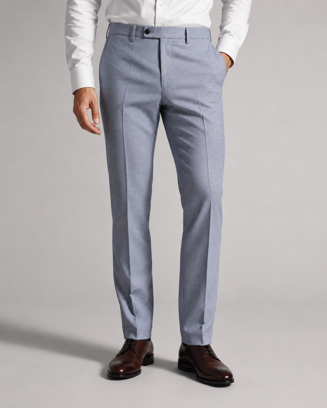 BE/1 Tailored Trouser - Light Blue worn by model