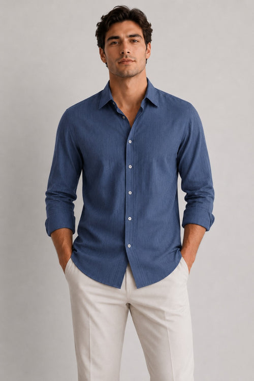 BE/1 Textured Linen Shirt - Steel Blue product image