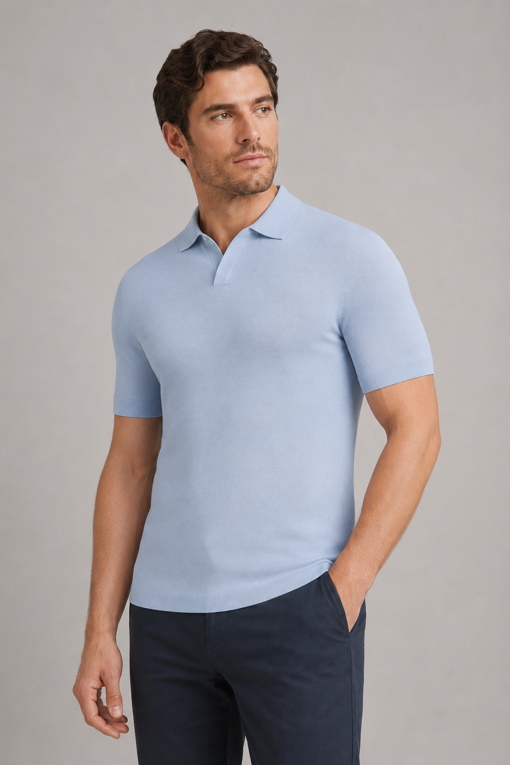 ONEFORM™ Clean Knit Polo - Pale Blue worn by model