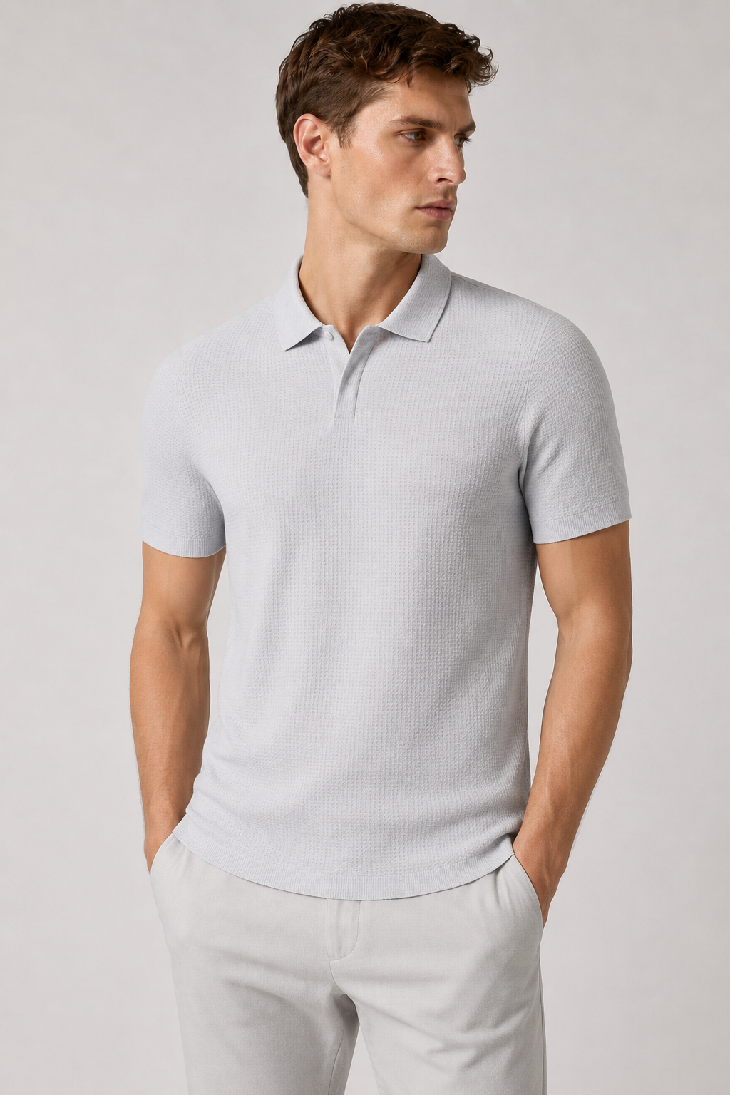 ONEFORM™ Grid Texture Polo - Light Grey worn by model