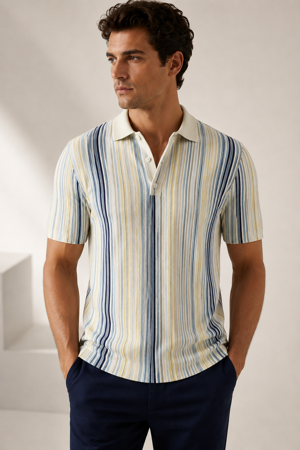 ONEFORM™ Riviera Stripe Polo - Blue Multi worn by model