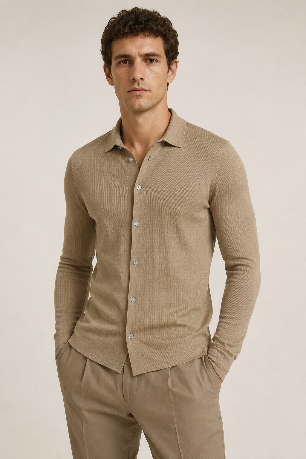 ONEFORM™ Sand Ribbed Knit Shirt - Taupe worn by model