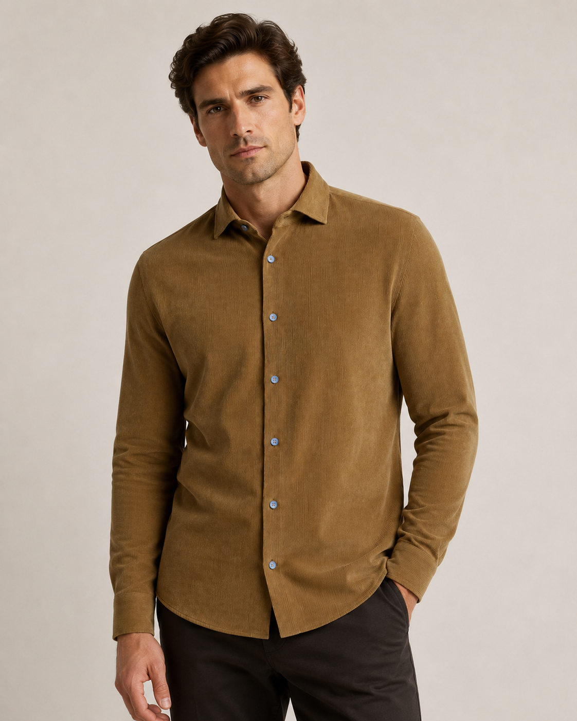 ONEFORM™ Terra Ribbed Knit Shirt - Camel worn by model